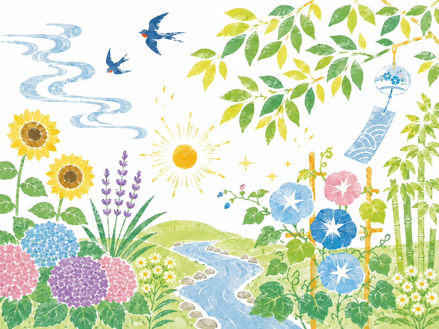 夏の庭の草花のイラスト